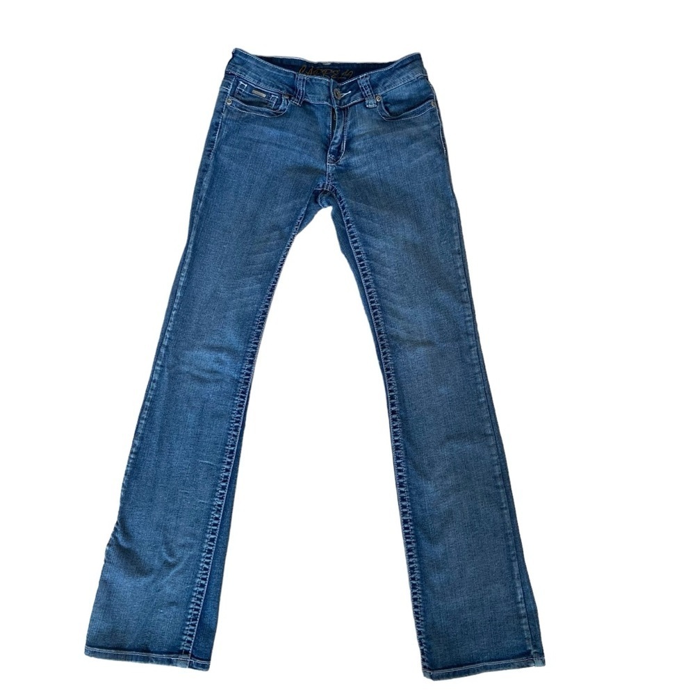Miss Carreli jeans low rise boot cut contrasing stitches stretchy blue denim 27